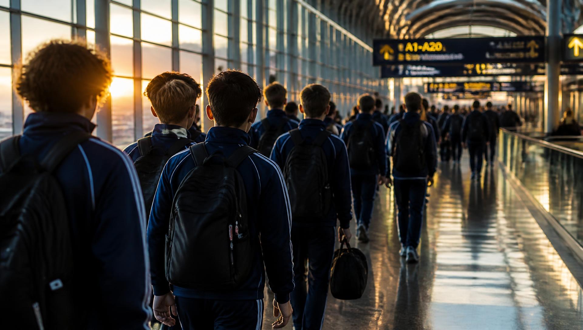 Jeugdvoetbalteam loopt door een Europese luchthaven bij zonsopkomst